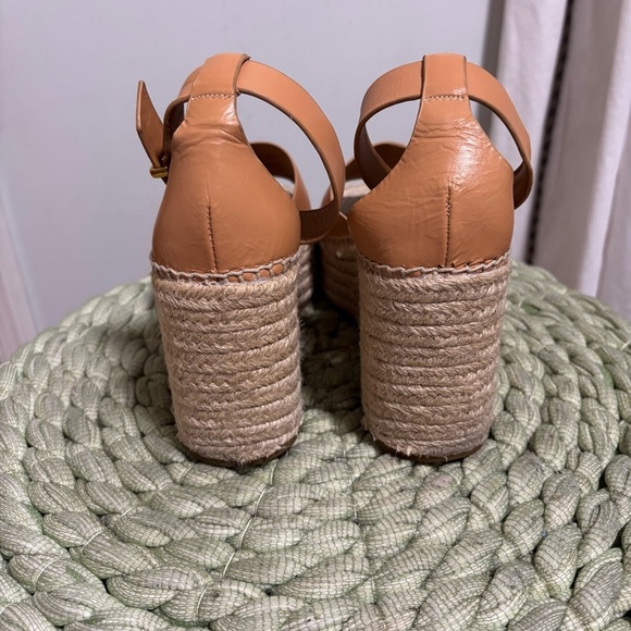 & Other Stories Beige Tan Leather Open Toe Platform Wedge Espadrille Sandals - Picture 9 of 13